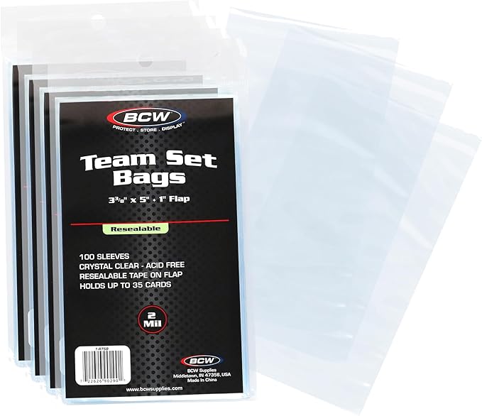 BCW Resealable Team Set Bags for Trading Cards, 400 Count | Holds up to 35 loose cards, 5 standard 35 pt toploaders, or magnetics up to 108 pt with an adhesive flap closure.
