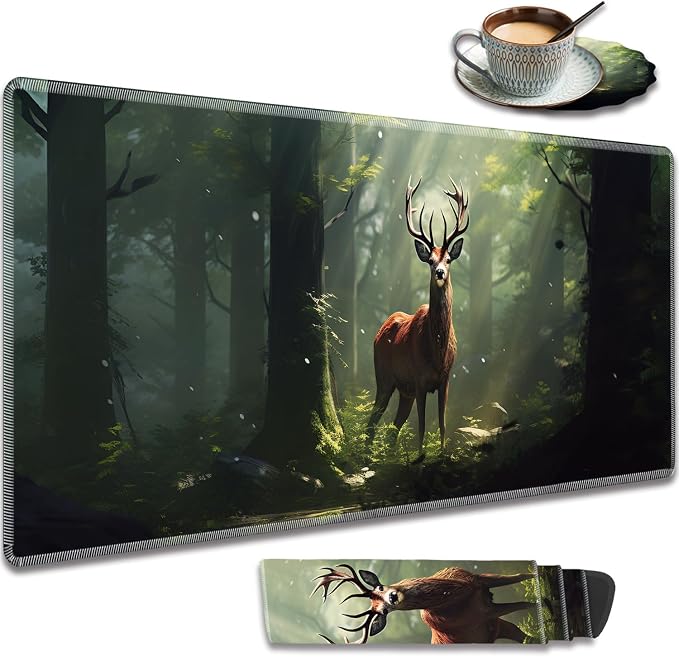 Extended Gaming Mouse Pad 31.5" x 11.8", with Edge Stitching, Non-Slip Rubber Base Keyboard Pad, Suitable for Work, Game, Office, Home and Coasters, Deer in The Forest