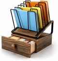 5-Section Wooden Inclined Desktop File Organizer with Storage Drawer | Metal Inclined Desk File Holder,Multifunctional Folder Organizer for Office Home School Classroom Workspace