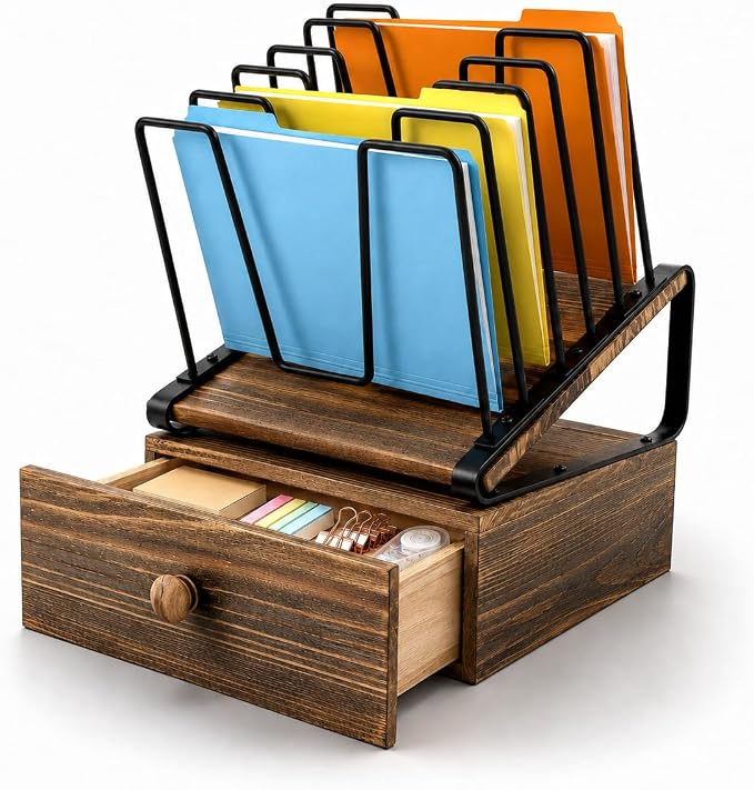 5-Section Wooden Inclined Desktop File Organizer with Storage Drawer | Metal Inclined Desk File Holder,Multifunctional Folder Organizer for Office Home School Classroom Workspace