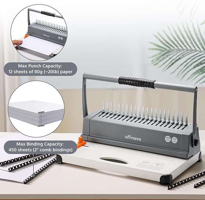 OFFNOVA Binding Machine, 21-Hole 450 Sheets Paper Comb Binding Machine for Letter Size / A4 / A5 Paper, Easy to Punch Handle, Adjustable Margin, Book Binder with 100 PCS 3/8'' Comb Binding Spines
