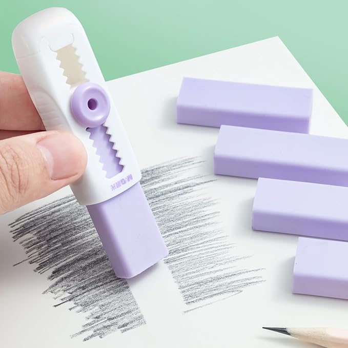 M&G 4+1 Pack Rubber Erasers Sliding Retractable Eraser, Soft Cute Erasers Push Pull Large Pencil Eraser with Plastic Sleeve 4 Refill Eraser for Students Kids, School Office Home Supplies (Purple)