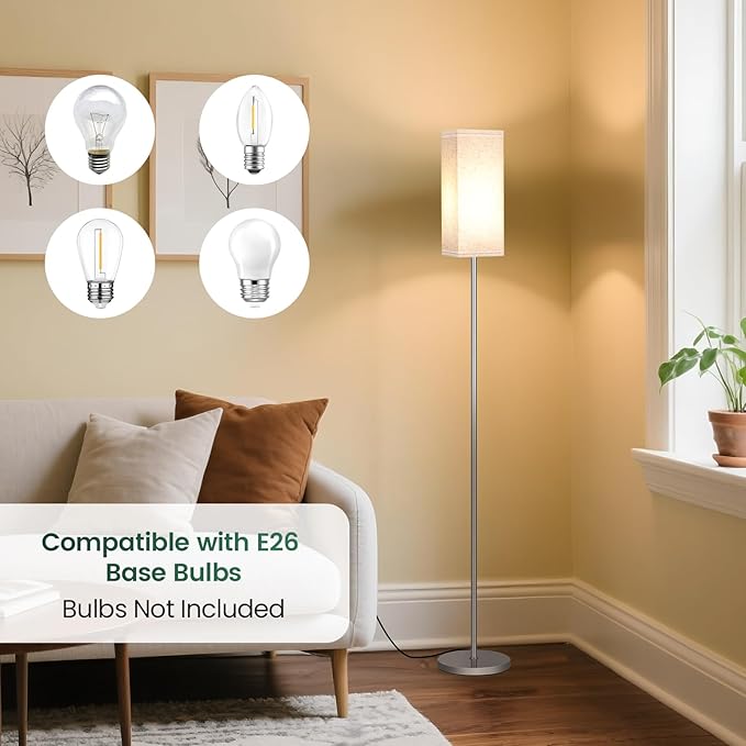 2Pack Floor Lamp, Pole with Foot Switch, Modern Standing Lamp Lamp, Minimalist Freestanding Lamp (Bulb Not Included), for Living Room, Bedroom Office ETL Listed, Silver and Beige SE07LDP205