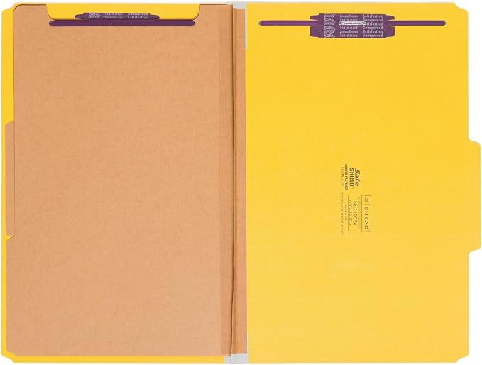 Smead Pressboard Legal Size File Folders with SafeSHIELD Fasteners, 2 Dividers, 2" Expansion, Office Folders, Paper Holder, Yellow, 10 per Box (19034)