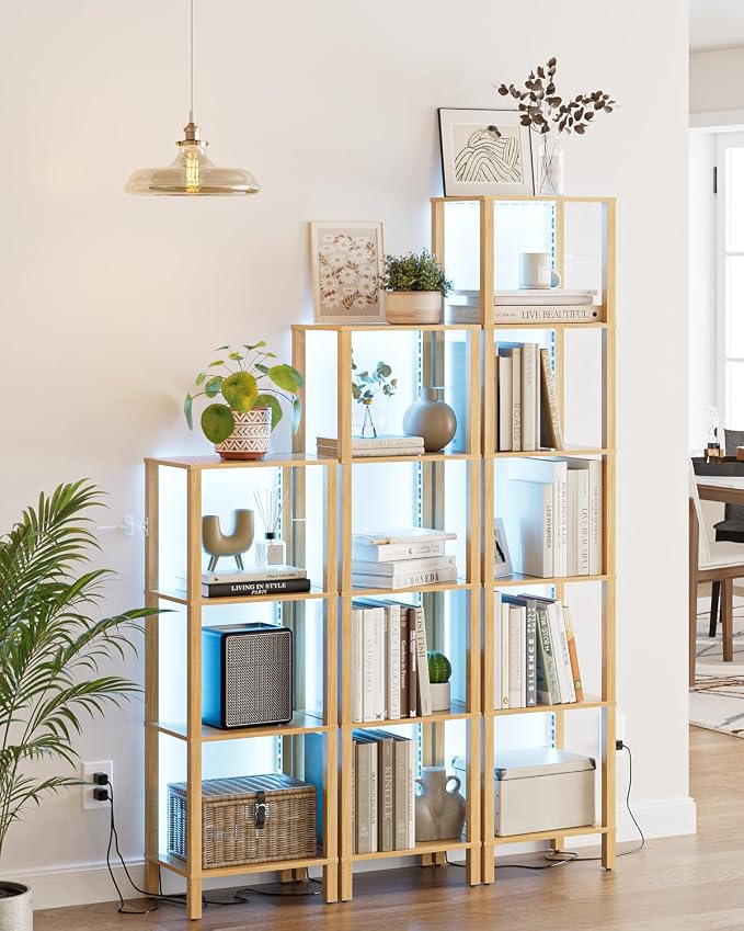 Open Book Shelf with LED Lights, 4 Tier Small Bookshelf, Freestanding Shelf Narrow Bookcase with Open Shelves, 14.96" x 10.63" x 41.26", Book Shelves for Living Room, Office, Study, Oak