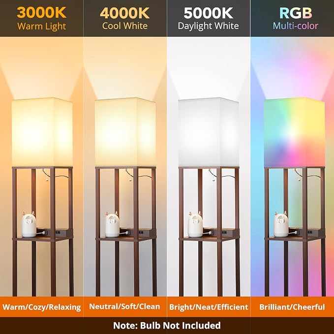 Shelf Floor Lamp with Wireless Charger, USB, Type C, AC Port,Brown | Fast Charging USB Ports & Type C Port & 2 Power Outlets, 3 Tier Storage Shelf Lamp, E26 Base, 60W Max(Bulb Not Included)