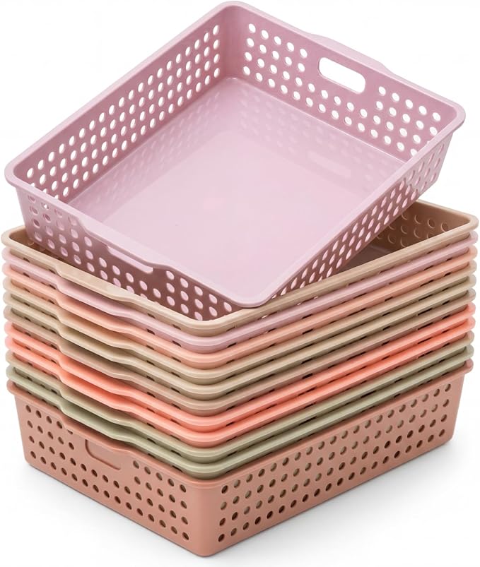 Geetery 12 Pack Classroom Storage Baskets with Handle,Terrazzo Color | 14''x10'' Paper Tray Holds A4 Turn in Trays Plastic Paper Baskets Desk Organizer Bin for Classroom, Library, Office, Home