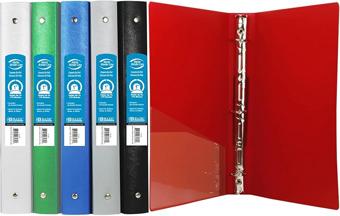 BAZIC Products 1" Classic Color Poly 3-Ring Binder, 1 Pocket, 6-Set | round rings, 1 in classic color poly 3-ring binder, 1 inside pocket, holds up to 175 sheets, Durable poly