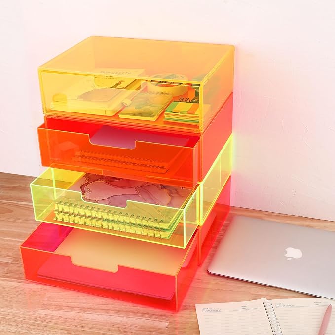 Gelite Acrylic Desk Organizer with Drawer for Makeup Vanity Stackable Desktop Storage Box for Office Supplies, 13.8 x 9.8 x 3.9’’, Neon Orange