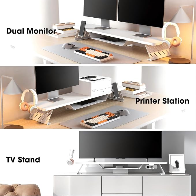 Fenge Dual Monitor Stand, Wooden Desk Shelf with Headphone & Phone Holder | 42.5" Monitor Riser with Storage Shelf, 2-Tier Monitor Shelf with Metal Leg for Home Office Organizer, White