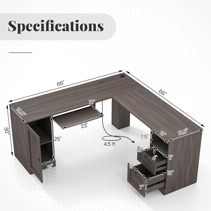 Giantex 66" L-Shaped Desk with Storage Drawers & Charging Station, Spacious Corner Computer Desk with Keyboard Tray, Adjustable Shelf, Cabinet, Huge Workspace Home Office Study Writing Desk (Grey Oak)