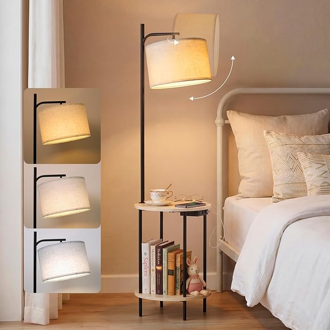 ONEWISH Floor Lamp with Table, USB/Type-C/AC Charging Ports, 9W LED Bulb, Round Table & Nightstand for Bedroom & Living Room (White)