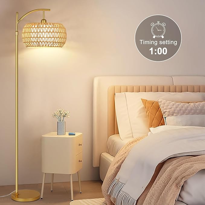 Gold Floor Lamp for Living Room with 3 Color Temperatures,Arc Boho Floor Lamps with Remote Control, Rattan Standing Lamp with Wicker Lamp Shades Dimmable Tall Floor Lamp For Bedroom Living Room Corner