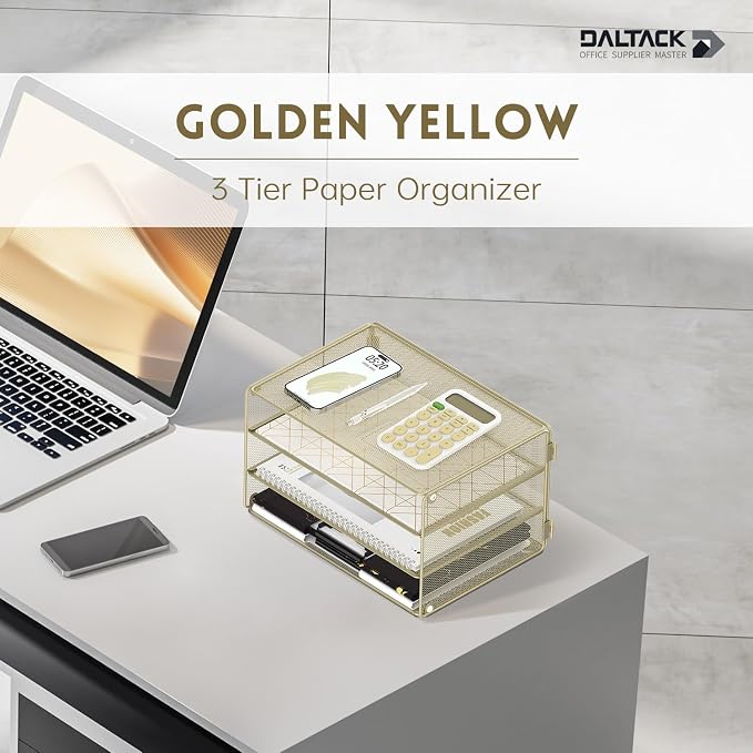 DALTACK 3 Tier Letter Tray Paper Organizer with Sliding Mesh Trays Yellow | Metal Mesh File Organizer with Sliding Trays for Letter and A4 Paper, Mail, Bills, Folders and Office Documents