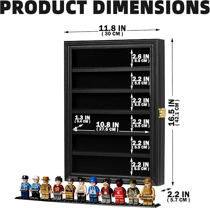 Minifigure Display Case - Building Block Toy Wall Cabinet Showcase for Small Miniature Collectibles Mini Brands Thimbles, 2.25" Height Shelf Lockable UV Protection Door (Small - Black Frame)