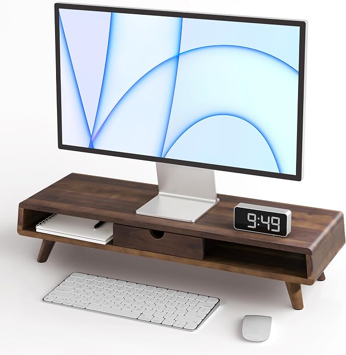 Tinamo Wood Monitor Stand with Drawer & Storage, Walnut Color (Patented) | Acacia Wood, Fits Monitors up to 32", Built-in Drawer, Hidden Storage, Non-slip, Round Edge, Ergonomic Height, Easy Assembly