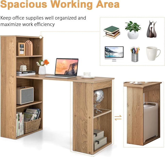 Tangkula Computer Desk with Bookshelf, Writing Study Desk with Storage Shelves & CPU Stand, Modern Compact Computer Workstation for Home & Office, Space-Saving Design(Natural) | Natural Wood Desk w/Storage Shelves & CPU Stand, Space-Saving Design Writi...