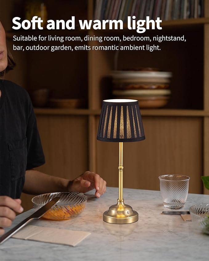 KDG Gold Cordless LED Table Lamps Set of 2, Black Fabric Shade Desk Lamps | Portable 4000mAh Rechargeable Battery Powered, Dimmable Lighting for Dining Room, Bedroom, Bedside, Night Light, Balcony