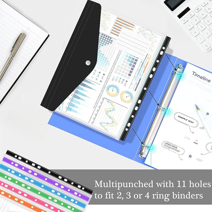 12 Pack Plastic Envelopes Binder Pocket 11 Holes Expandable Binder Folders for 2/3/4 Ring Document Pouch with Snap Button & Label Loose-Leaf Transparent for School Home Office (Side-Opening)