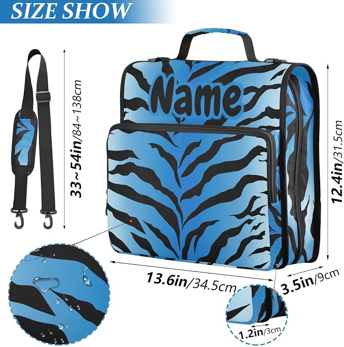 Custom Tiger Zebra Print Blue Black 3 Ring Binder Bag 1.5 inch Personalized Name Binder Organizer 500 Sheet Documents Storage for School Office