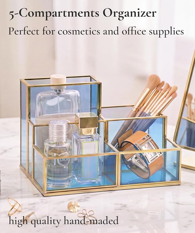 5-Compartment Desk Organizer for Home Office Supplies, Gold Brass with Blue Glass, Workspace Storage for Stationery, Cosmetic, Makeup Tools and Brush.