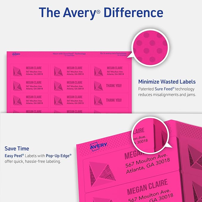 Avery Printable Shipping Labels with Sure Feed, 2"x 4", Assorted Neon Colors (Magenta, Green, and Yellow), Laser & Inkjet Compatible, 1,000 Blank Labels Total (5964)