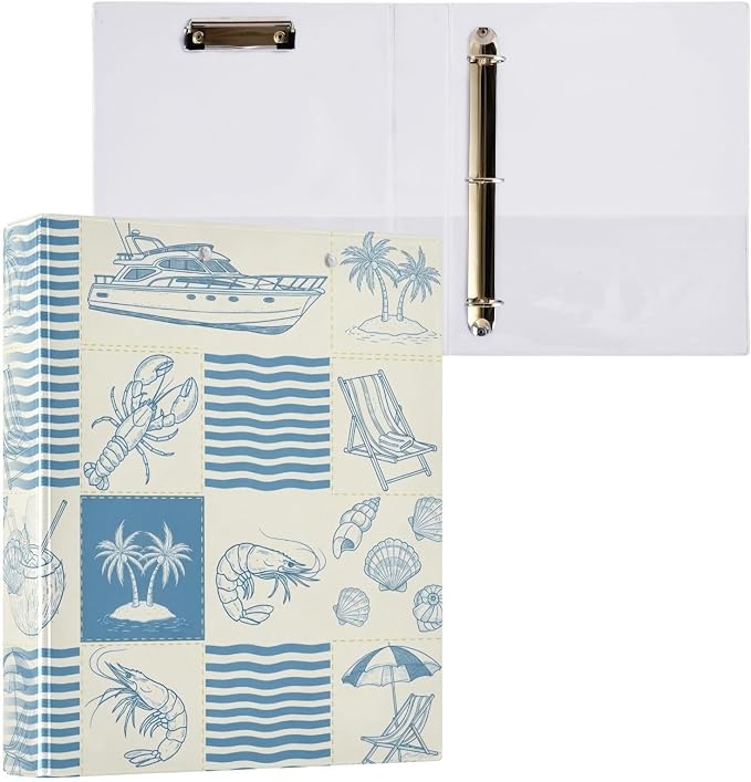 Beach Patchwork 3 Ring Binder, 1.5 Inch Heavy Duty Decorative Binder with 2 Pockets, Letter Size Office Organizer