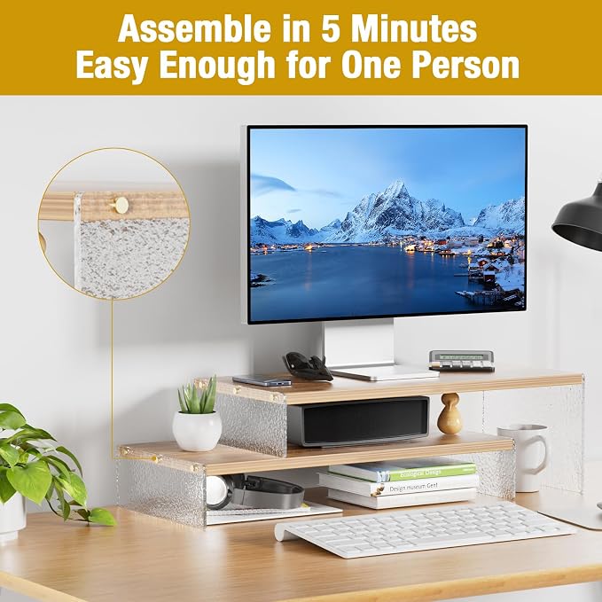 YGYQZ Adjustable Monitor Stand Riser, 9.4" ×19.3" Dual Monitor Desk Stand | Adjustable Monitor Riser, Expandable Desk Organizer, 2-Tier Storage, Acrylic Legs, Ergonomic Workspace, Wood Glacial Striae