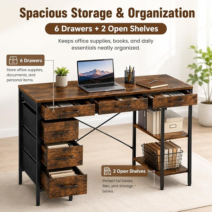 Simple Deluxe Computer Desk with 6 Drawers, 55 Inch Office Workstation with Storage Shelves, Reversible Corner Gaming Table, Home Office Study Desk with Fabric Organizer, Rustic Brown