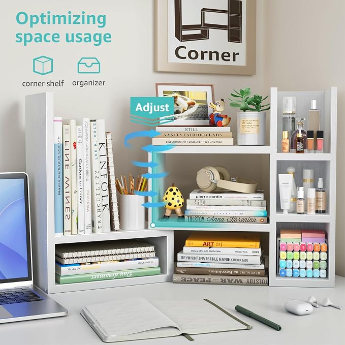 NUTIKAS Desk Shelves Desktop Organizer Shelf - White Office Organization for Top of Desk Organizers and Accessories Corner Bookshelf Table Top Shelving Small Hutch Decorations for Women Office
