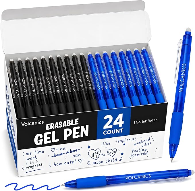 Volcanics 24 Pack Retractable Erasable Gel Pens, 12 Blue & 12 Soft Black Ink, 0.7mm Medium Point Clicker Erasable Pens with Built-in Eraser for School, Office, Note Taking and Journaling