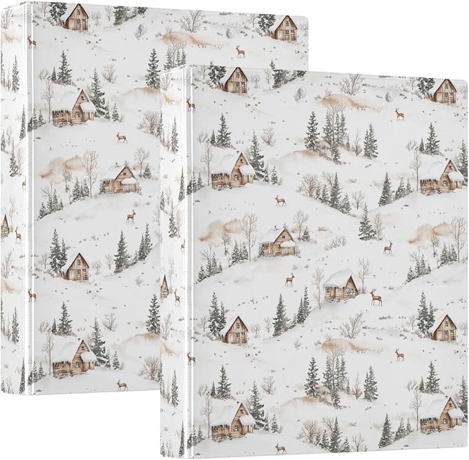 Farmhouse Winter Deer Cottage Fir Tree 3 Ring Binder 1.5" Decorative D-Ring Binder with Clipboard&3 Clear Pockets, Holds 200 Sheets A4 Size Paper Waterproof Binders for School Home Office|2 Pack