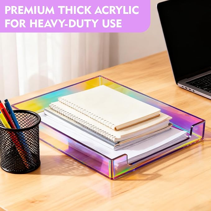 Paper Tray Acrylic File Organizer for Desk Letter Tray Desk Organizer Document Holder Sorter Storage for A4 Office Supplies Magazines, 13.8x10.6x2.4 Inches, Iridescent