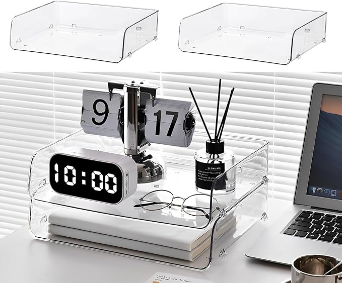 Gagee Set of 2 Office Organization and Storage, Clear PET Letter Tray Desk Organizer, Stackable Document Organizer for Notes, Pens, File Paper, Desk