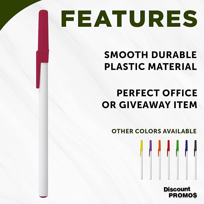 DISCOUNT PROMOS Value Stick Pens Set of 10, Bulk Pack - Blue Ink, Great for Office, School, Business, Tradeshows, Events - Burgundy Cap