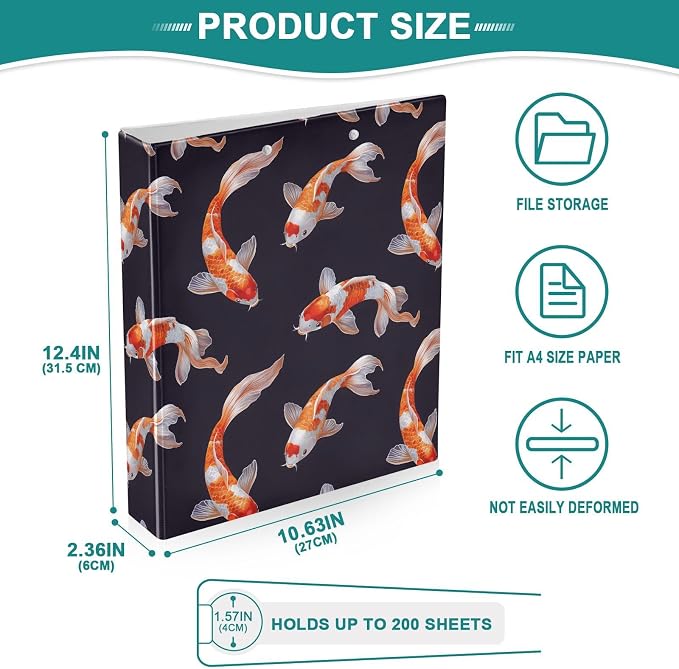 Red Koi Fish Pattern 3 Ring Binder 1.5 Inch 1 Pack with 200 Sheet for Kids School Supplies Women Men Office