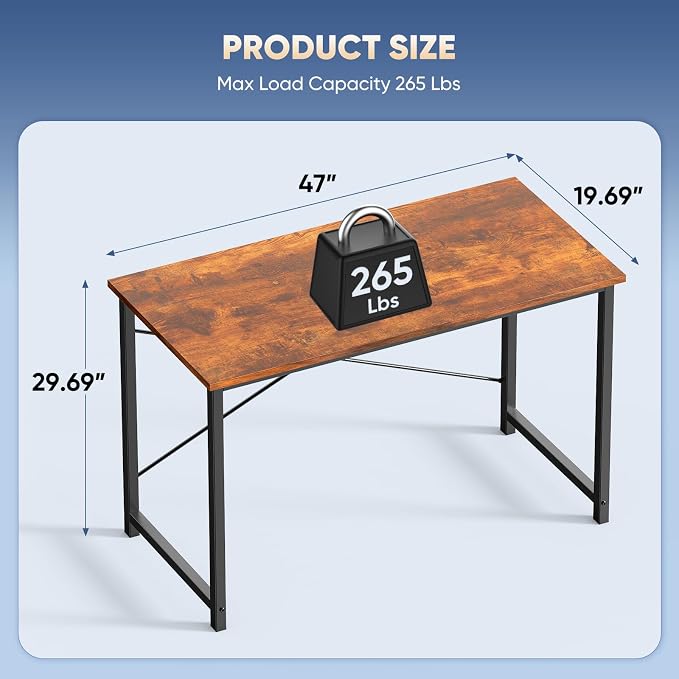 DUMOS 47 Inch Small Computer Desk, Gaming Desks for Home Office Bedroom | Modern Study Writing Work Table, Craft PC Desk Simple Workstation with Reinforcement Structure, Modern Rustic Brown