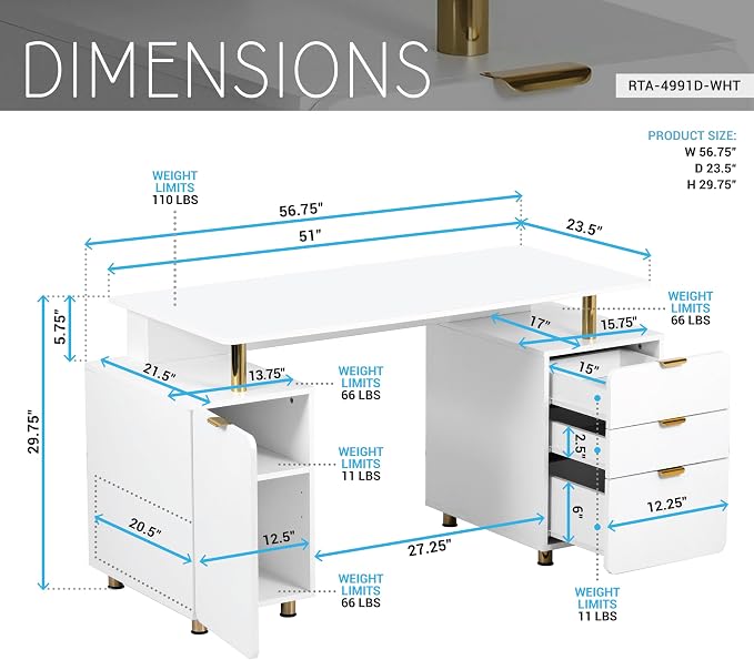 Techni Mobili 57"W Computer Desk w/ 3 Drawers & Storage Cabinet, White/Gold | Home office workstation, durable construction, everyday productivity, Ideal for home office, Workspace organization