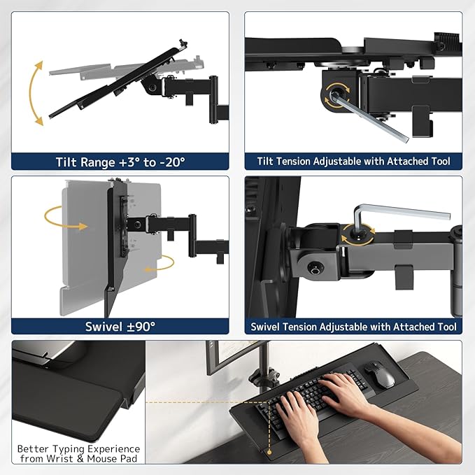 Pole Mount Keyboard Tray - Universal 26 Inch Platform for Keyboard and Mouse, Fits 1.1”–2.4” Poles, Rotation & Tilt Ergonomic Steel Mount Platform with Cable Management, Black
