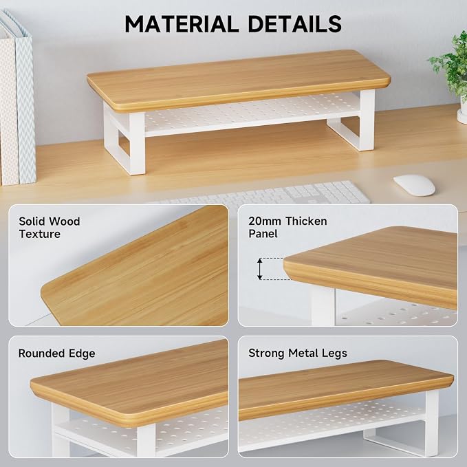 Monitor Stand Riser, 24 Inch Computer Monitor Stand for Desk, 2-Tier Wood Desk Shelf Organizer with Storage, Desktop Stand for Laptop/Screen/PC/Printer, Ergonomic Home Office Monitor Stand