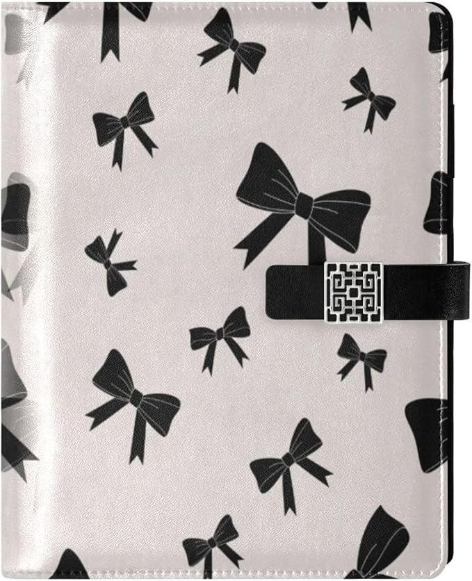 Black Bow Pattern White PU Leather Notebook A5 Binder 6 Ring Refillable Journal with Magnetic Buckle Closure Loose Leaf Travel Office Planner Budget Binder Notepad Portfolio,