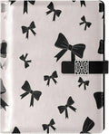 Black Bow Pattern White PU Leather Notebook A5 Binder 6 Ring Refillable Journal with Magnetic Buckle Closure Loose Leaf Travel Office Planner Budget Binder Notepad Portfolio,