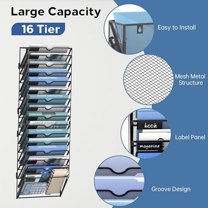16-Tier Wall File Organizer and Hanging File Organizer, Black | Wall Organizer and Wall Mounted File Holder with 16 Pockets and Label Panels for Files, Mail, Folders, Magazines and Paper