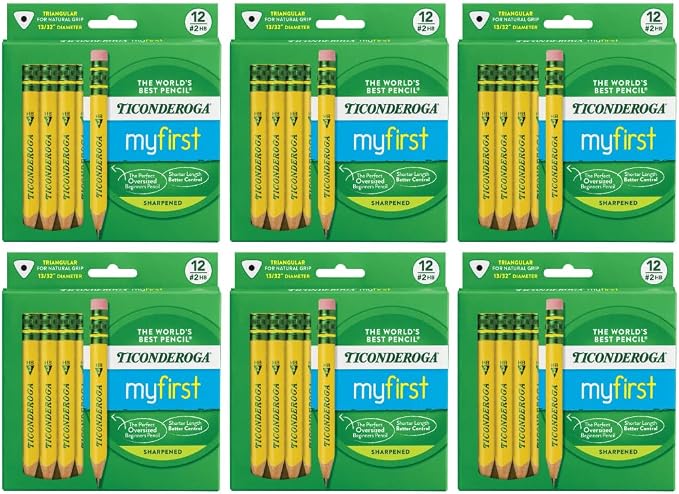 Ticonderoga My First Half-Size Wooden Pencils, 12 Pencils/Pack, 6 Packs | Large Triangle-Barrel Pre-Sharpened #2 (HB) Short 4.5" Yellow Pencils with Erasers, X33012