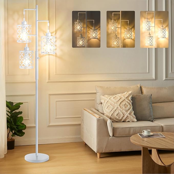 Dimmable Floor Lamp, Farmhouse Standing Lamp with Elegant Metal Cage, Industrial Tall Tree Floor Lamps for Living Room Bedroom Study Room Office, 3 x 800LM LED Bulbs Included - 72", White