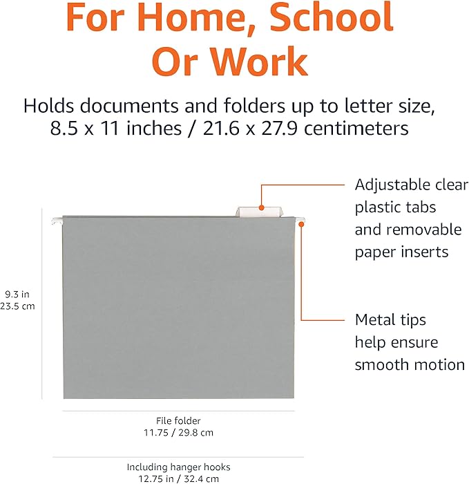 Amazon Basics Hanging File Folders with Adjustable Tabs for Document Organization, Letter Size, Gray, 25-Pack