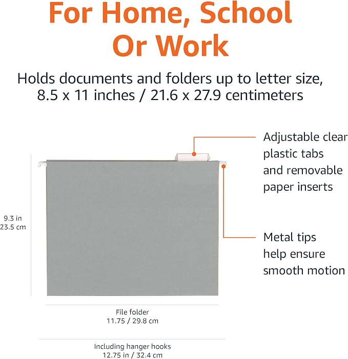 Amazon Basics Hanging File Folders with Adjustable Tabs for Document Organization, Letter Size, Gray, 50-Pack