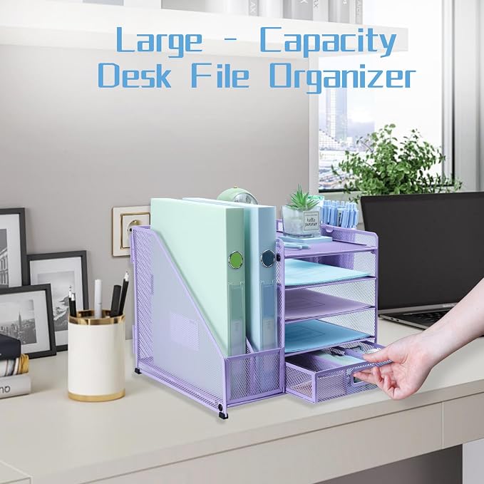 Desk Organiser with 2 Pack Magazine File Holder, 5-Tier Paper Tray Organiser with Drawer and 2 Pen Holder, Letter Tray Multifunctional for Office, School, Home - Purple