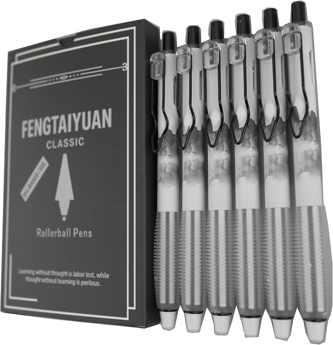 Fengtaiyuan Retractable Gel Pens, 0.5mm Fine Point Black Ink, Quick Dry Gel Pens with Triangular Silicone Grip, Ergonomic Non-Slip Smooth Writing for School Office Note Taking, 6 Pack