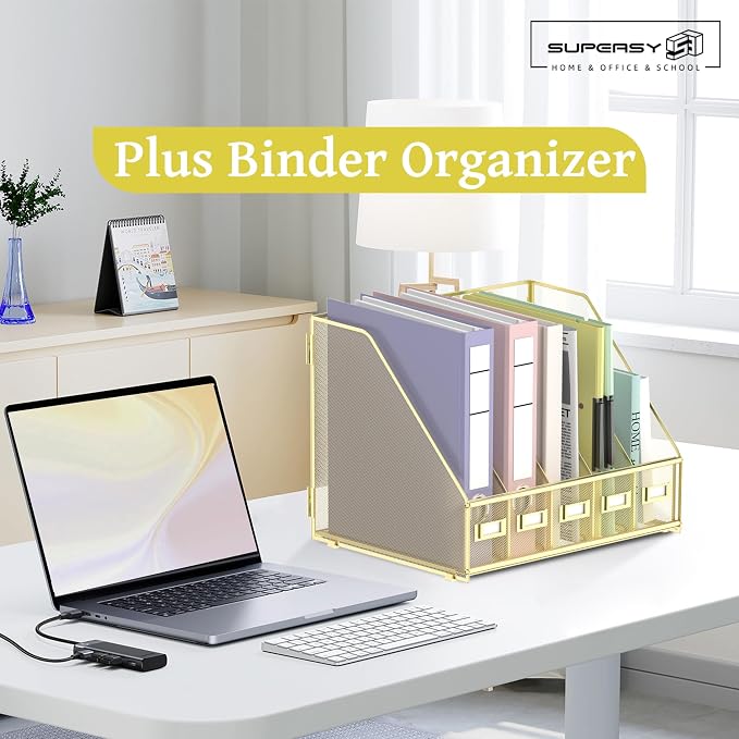 Desk Organizers Metal Desk Magazine File Holder with 5 Vertical Compartments Rack File Organizer for Office Desktop, Home Workspace, Gold Plus